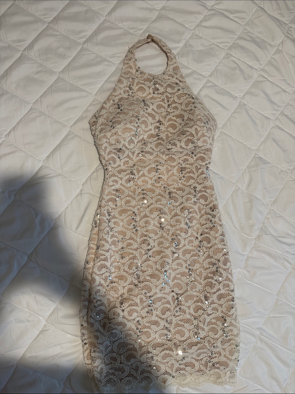 B Darlin Beige Sequin Halter Mini Dress